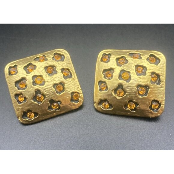 Vtg Earrings Leopard Gold Tone Brushed Finish Square With Amber Stones 1.25" - Picture 6 of 7